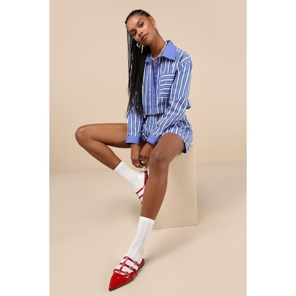 Lulus Playful Babe Blue And White Striped Cropped Button-up Top and Shorts